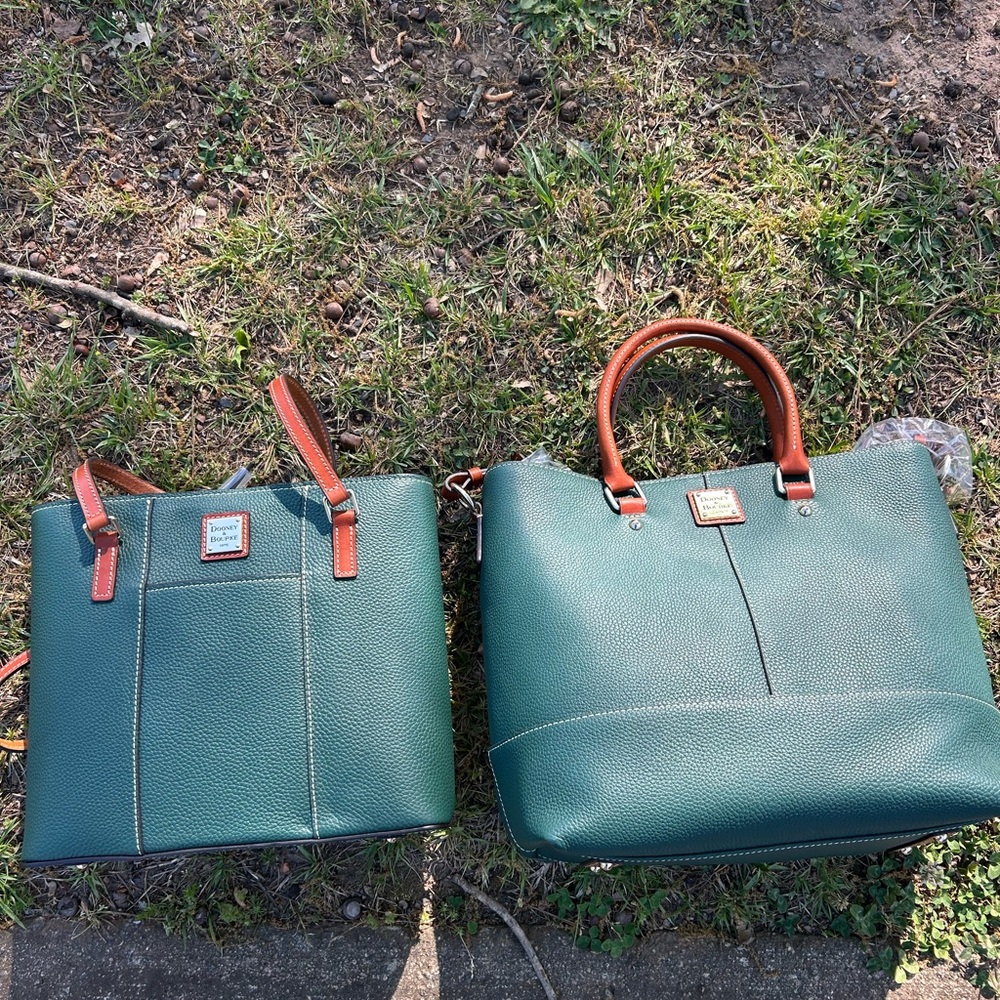Dooney & Bourke Forest Green Pebbled Tote with Tan Handles

$270 total for both